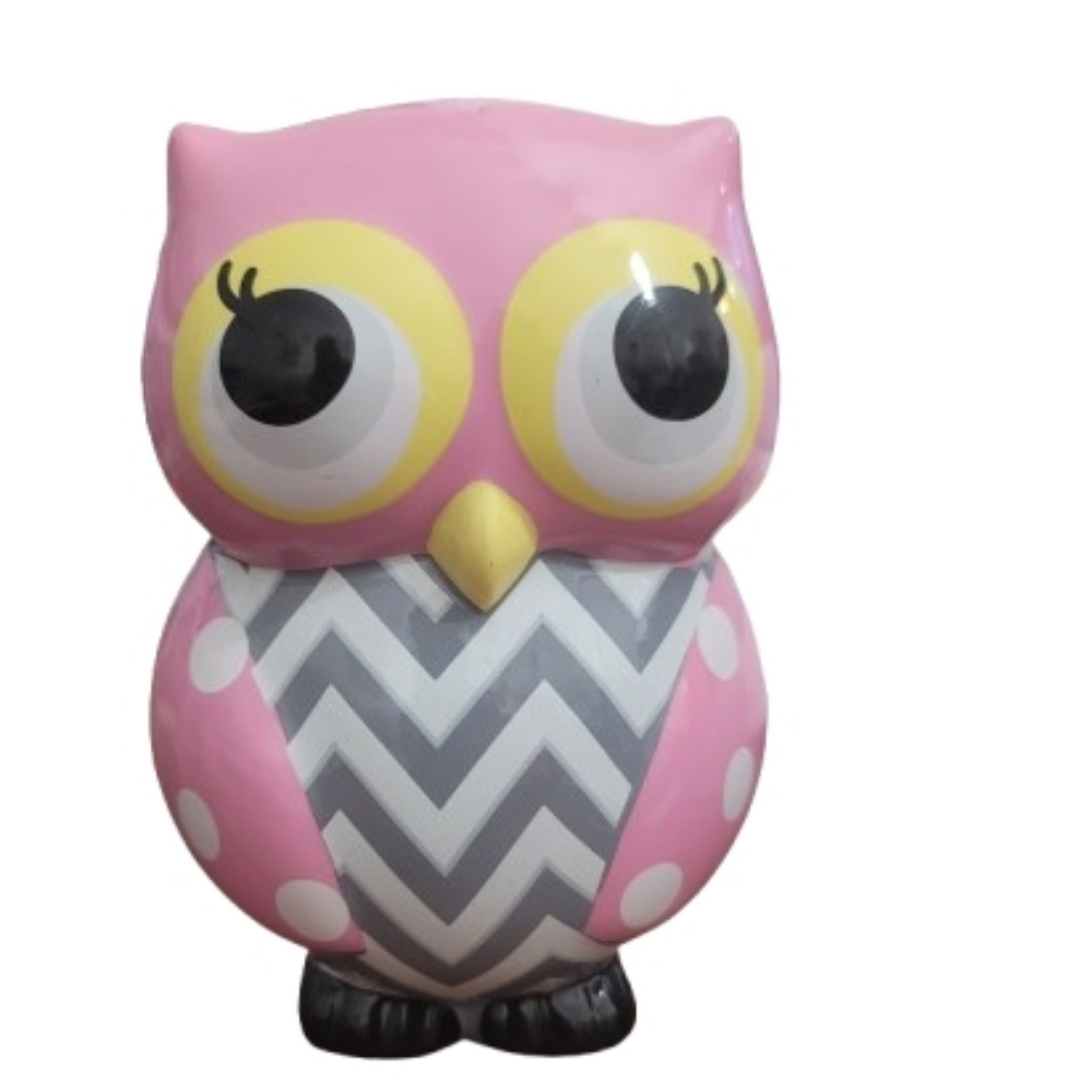 Pink Owl Piggy Bank Chevron Polka Dot Ceramic Coin Bank 7” Cute Decor